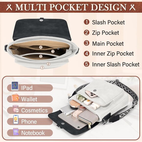 White Black Women PU Leather Crossbody Bag Wide Adjustable Strap Shoulder - Picture 4 of 8